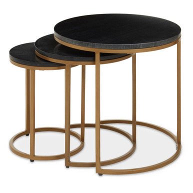 Nest of 3 Black Marble Round Top Nesting Tables with Matte Gold Metal Base | Varana - MOOAZAA