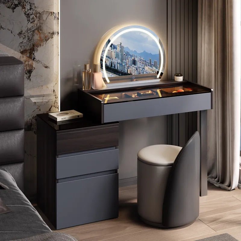 Nordic Glass Top Makeup Vanity Table – Minimalist Dressing Table with Storage Drawers - MOOAZAA