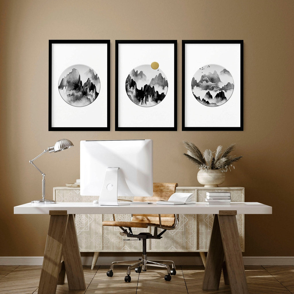 Office Wall Art – Set of 3 Framed Mountain Prints