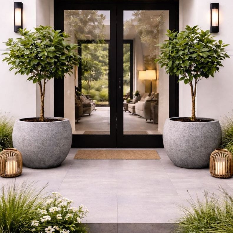 Modern home entrance with potted trees and lanterns