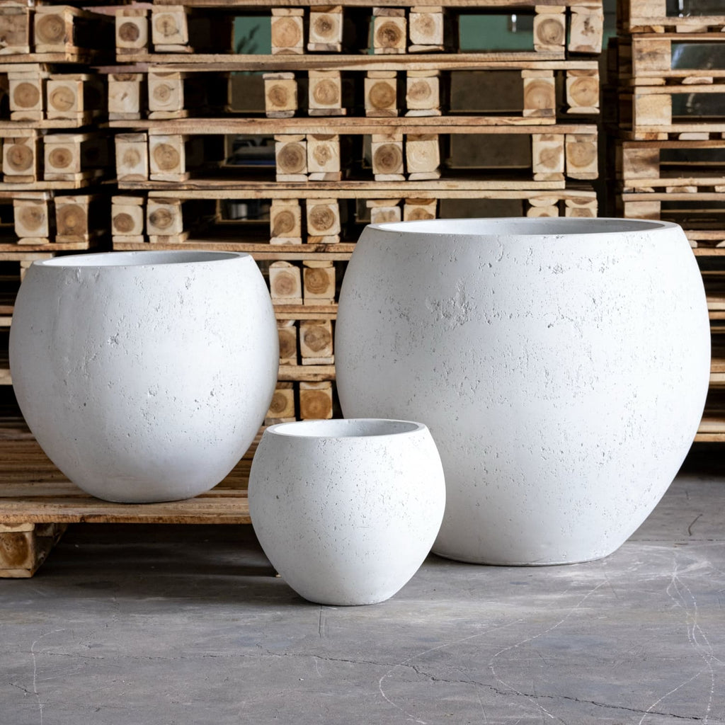 Three white concrete planters of different sizes on a wooden pallet background
