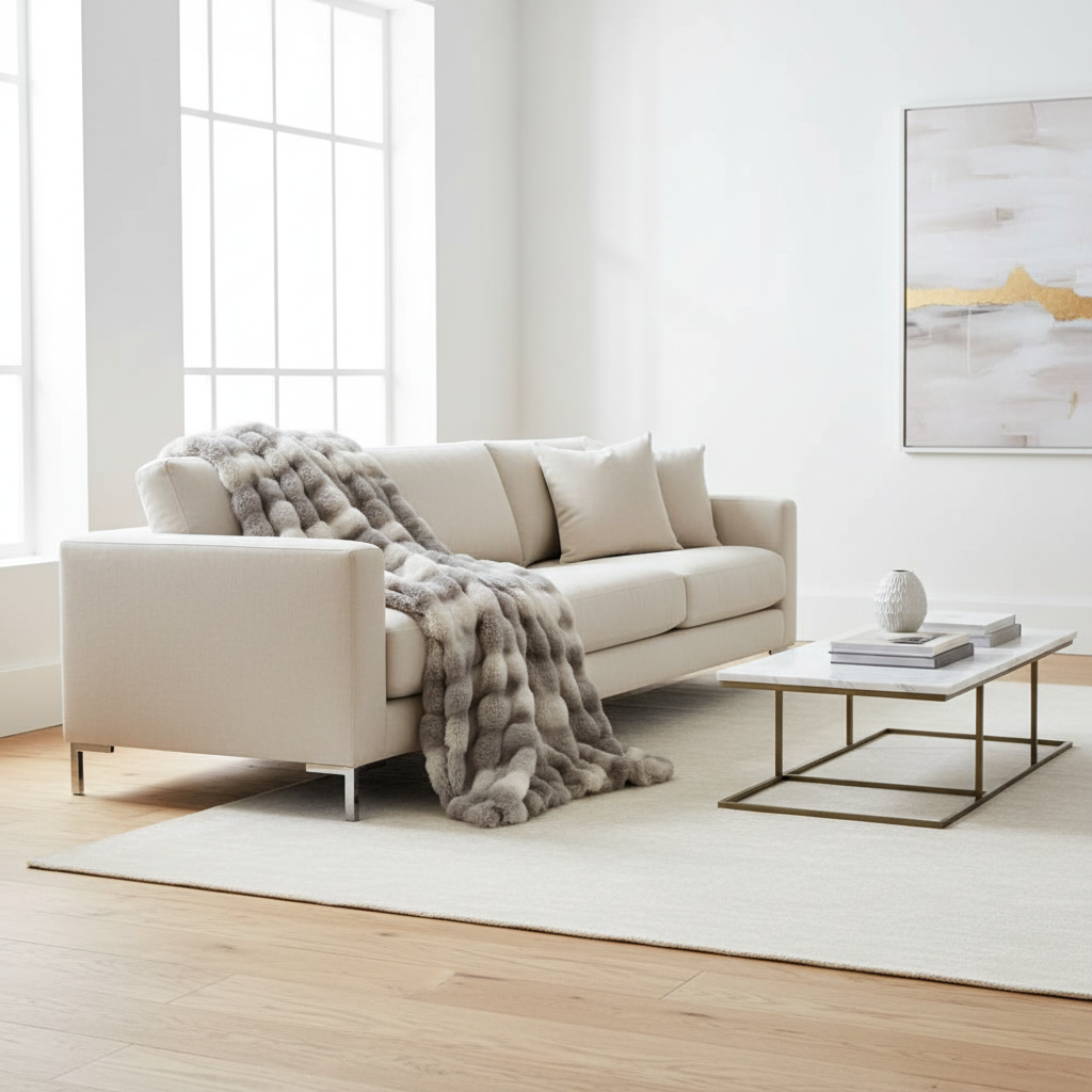 Modern living room with a beige sofa, coffee table, and decorative elements.