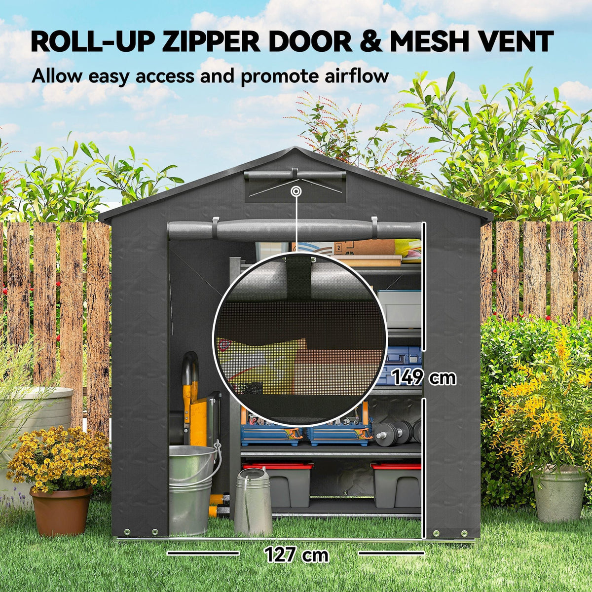 Outsunny 6 x 4 ft Outdoor Garden Storage Shed, Waterproof Bike Tent with Vent and Roll-Up Zipper Door - MOOAZAA