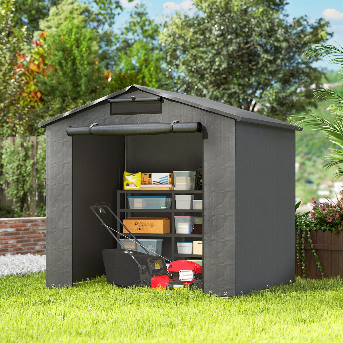 Outsunny 6 x 4 ft Outdoor Garden Storage Shed, Waterproof Bike Tent with Vent and Roll-Up Zipper Door - MOOAZAA