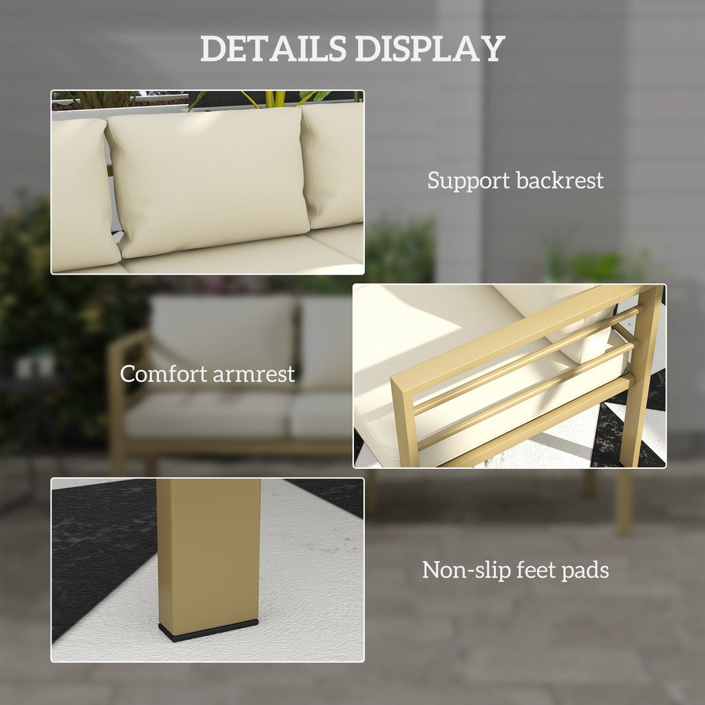 Outsunny Garden Bench with Cushions, 3-Seater Sofa with Backrest, Armrest and Back Cushions, 185 x 66 x 64cm, Cream White - MOOAZAA