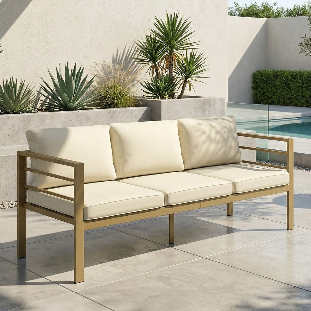 Outsunny Garden Bench with Cushions, 3-Seater Sofa with Backrest, Armrest and Back Cushions, 185 x 66 x 64cm, Cream White - MOOAZAA