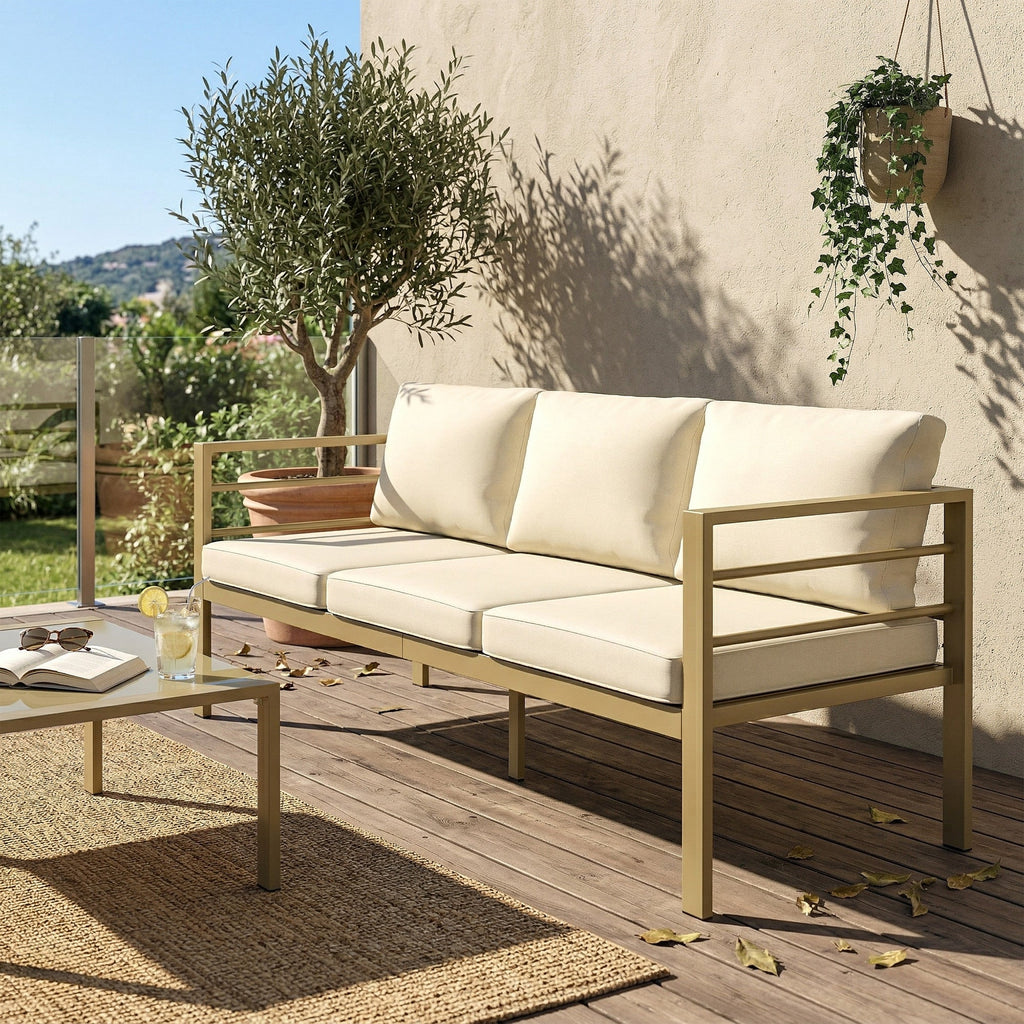 Outsunny Garden Bench with Cushions, 3-Seater Sofa with Backrest, Armrest and Back Cushions, 185 x 66 x 64cm, Cream White - MOOAZAA