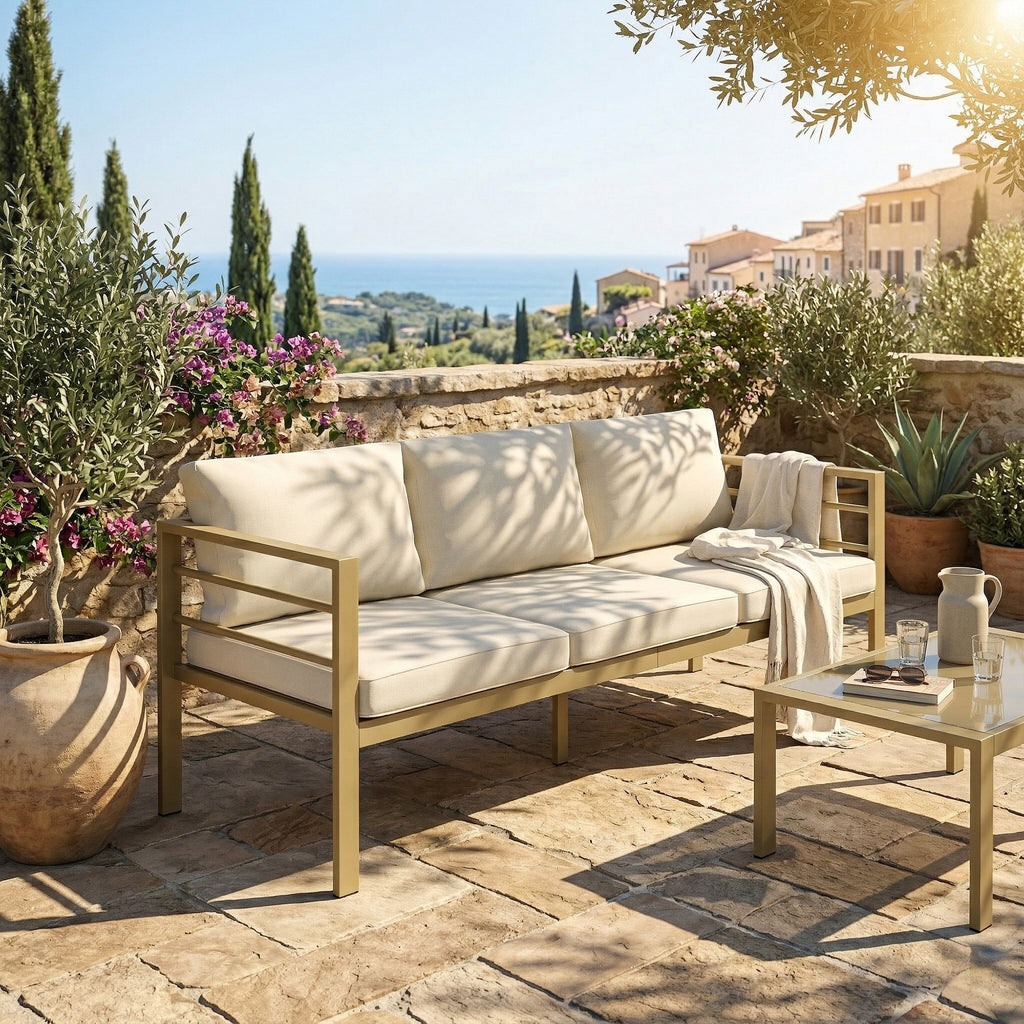 Outsunny Garden Bench with Cushions, 3-Seater Sofa with Backrest, Armrest and Back Cushions, 185 x 66 x 64cm, Cream White - MOOAZAA