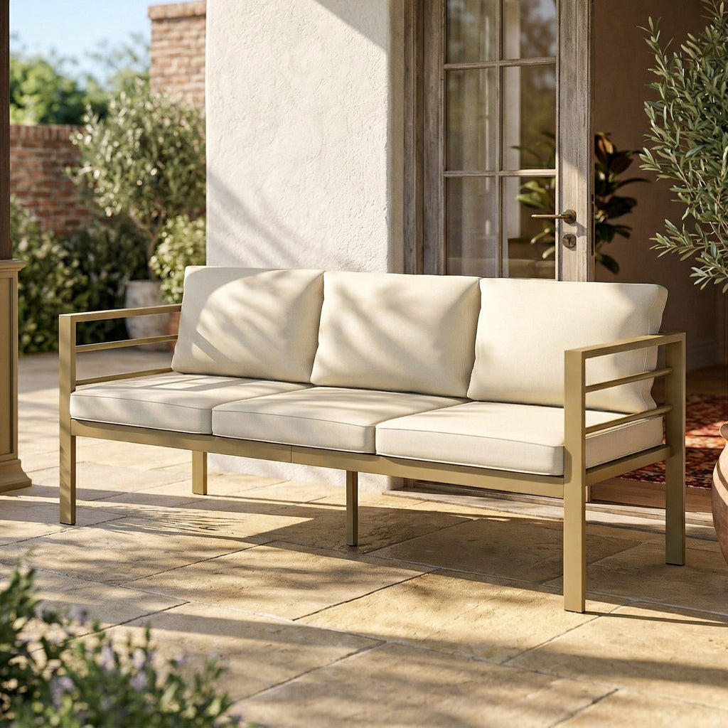 Outsunny Garden Bench with Cushions, 3-Seater Sofa with Backrest, Armrest and Back Cushions, 185 x 66 x 64cm, Cream White - MOOAZAA