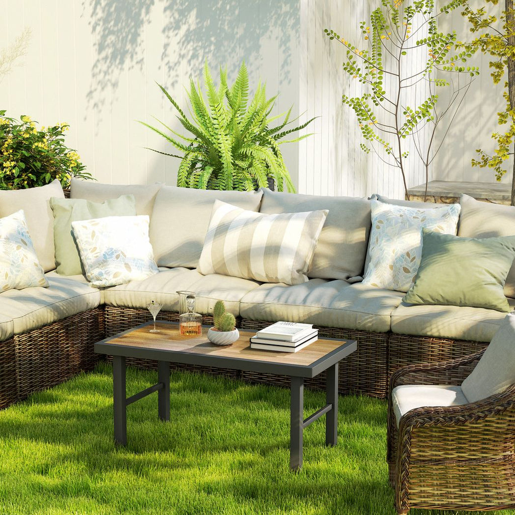 Outsunny Garden Coffee Table with SPC Woodgrain Tabletop - MOOAZAA