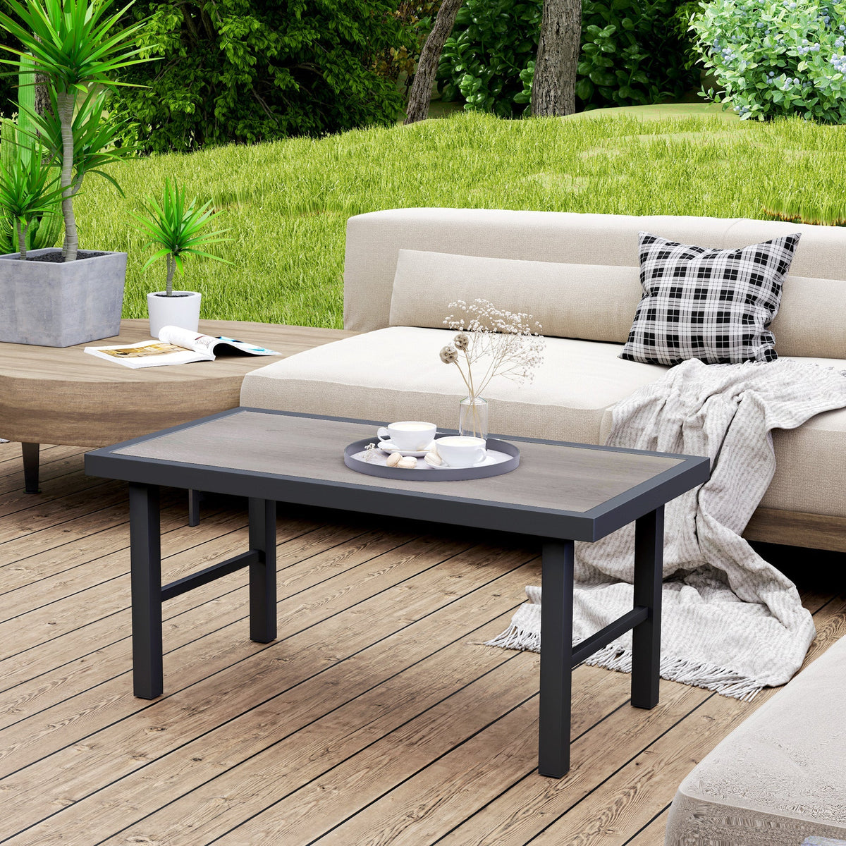 Outsunny Garden Coffee Table with SPC Woodgrain Tabletop - MOOAZAA