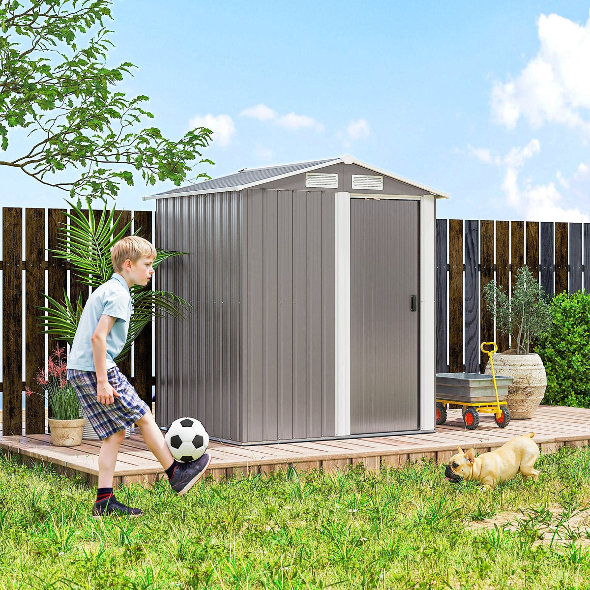 Outsunny Garden Metal Tool Storage Shed with Sliding Door, Sloped Roof and Foundation Kit, 152 x 132 x 188cm, Grey - MOOAZAA
