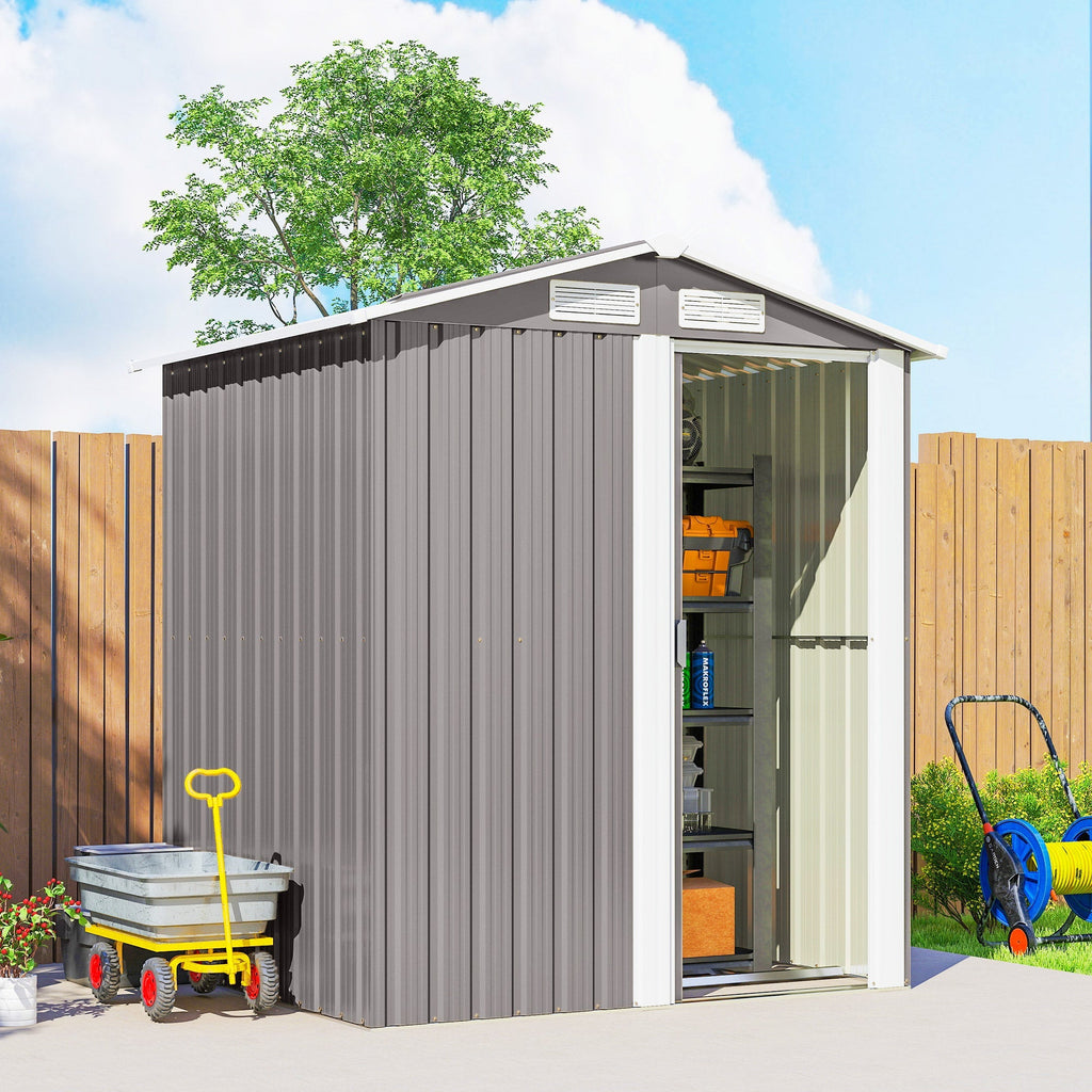 Outsunny Garden Metal Tool Storage Shed with Sliding Door, Sloped Roof and Foundation Kit, 152 x 132 x 188cm, Grey - MOOAZAA