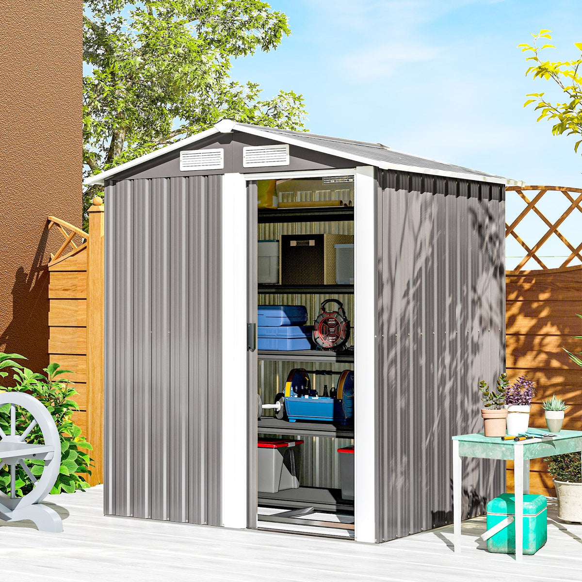 Outsunny Garden Metal Tool Storage Shed with Sliding Door, Sloped Roof and Foundation Kit, 152 x 132 x 188cm, Grey - MOOAZAA