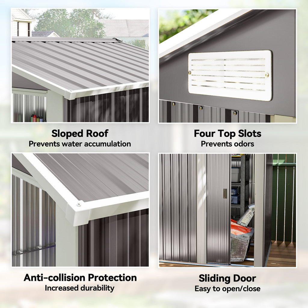 Outsunny Garden Metal Tool Storage Shed with Sliding Door, Sloped Roof and Foundation Kit, 152 x 132 x 188cm, Grey - MOOAZAA