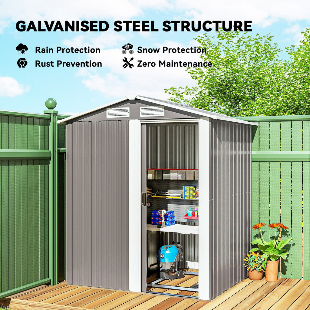 Outsunny Garden Metal Tool Storage Shed with Sliding Door, Sloped Roof and Foundation Kit, 152 x 132 x 188cm, Grey - MOOAZAA