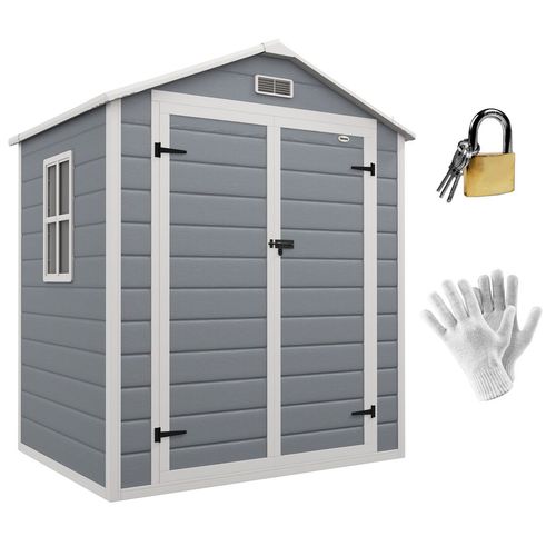 Outsunny Garden Shed 6'x4.5' Plastic Tool Storage House w/ Lockable Double Doors - MOOAZAA