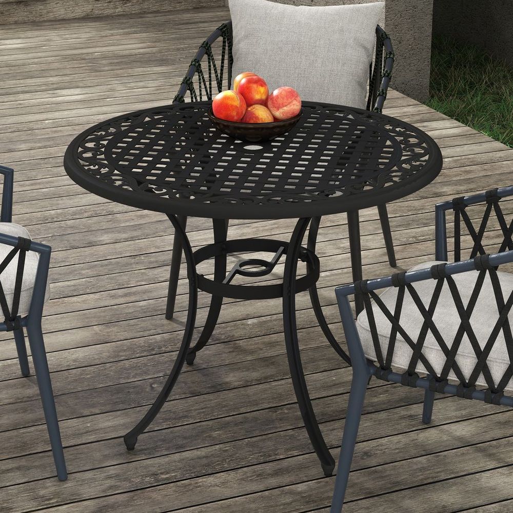 Outsunny Garden Table, Cast Aluminium Frame - Black. Parasol Hole, Seats 2 - 4 - MOOAZAA