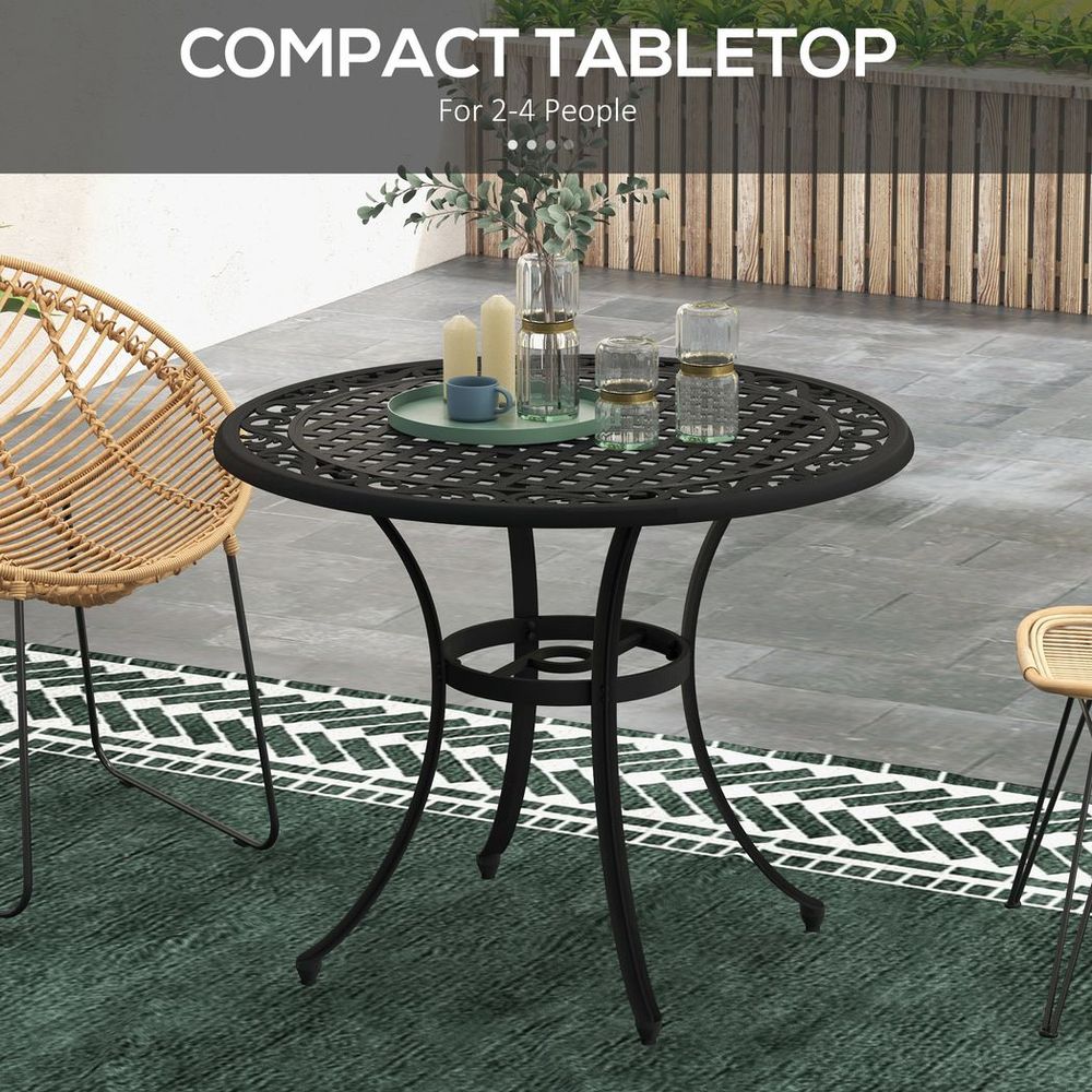 Outsunny Garden Table, Cast Aluminium Frame - Black. Parasol Hole, Seats 2 - 4 - MOOAZAA
