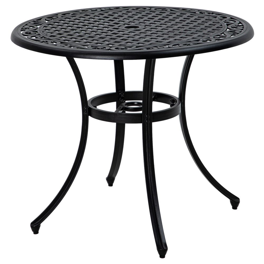 Outsunny Garden Table, Cast Aluminium Frame - Black. Parasol Hole, Seats 2 - 4 - MOOAZAA
