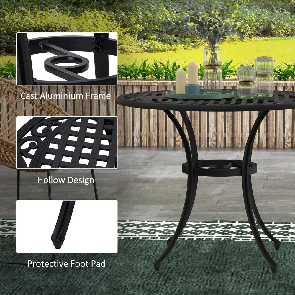 Outsunny Garden Table, Cast Aluminium Frame - Black. Parasol Hole, Seats 2 - 4 - MOOAZAA