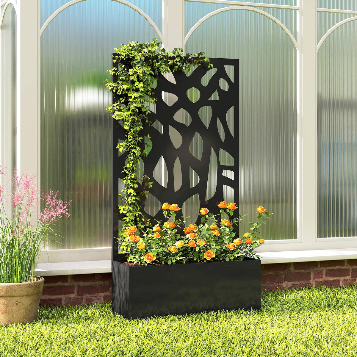 Outsunny Metal Raised Garden Bed with Trellis, Outdoor Planter Box with Privacy Screen, Elevated Garden Box for Climbing Plants - MOOAZAA