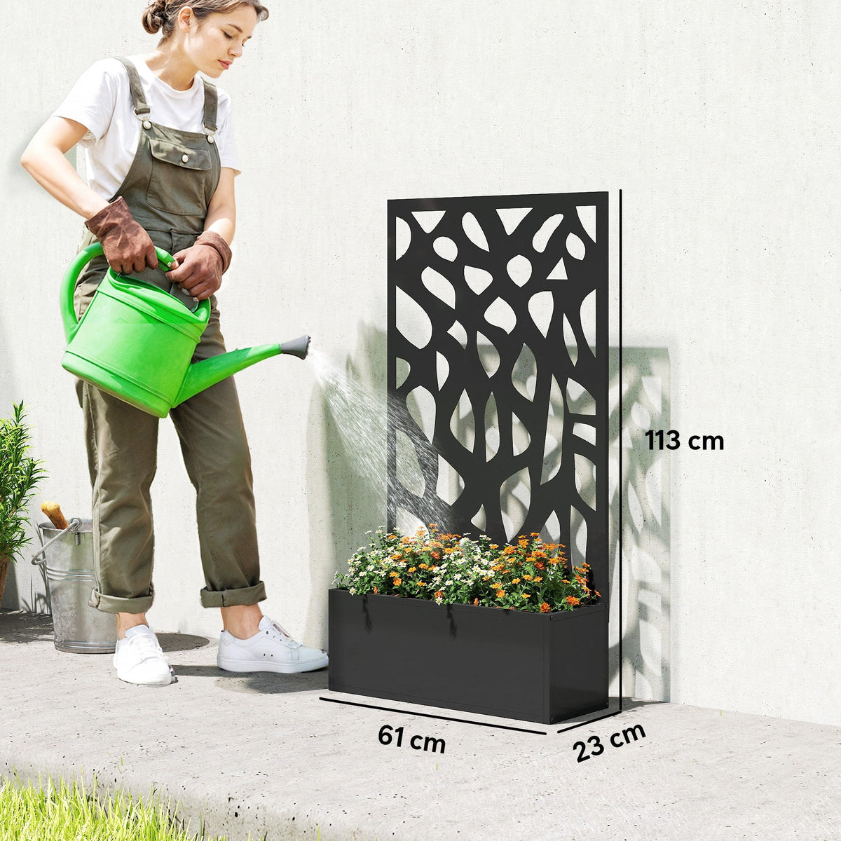Outsunny Metal Raised Garden Bed with Trellis, Outdoor Planter Box with Privacy Screen, Elevated Garden Box for Climbing Plants - MOOAZAA