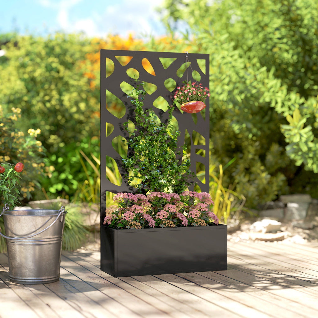 Outsunny Metal Raised Garden Bed with Trellis, Outdoor Planter Box with Privacy Screen, Elevated Garden Box for Climbing Plants - MOOAZAA