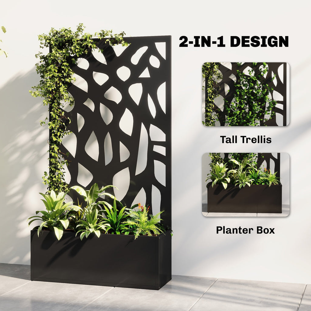 Outsunny Metal Raised Garden Bed with Trellis, Outdoor Planter Box with Privacy Screen, Elevated Garden Box for Climbing Plants - MOOAZAA