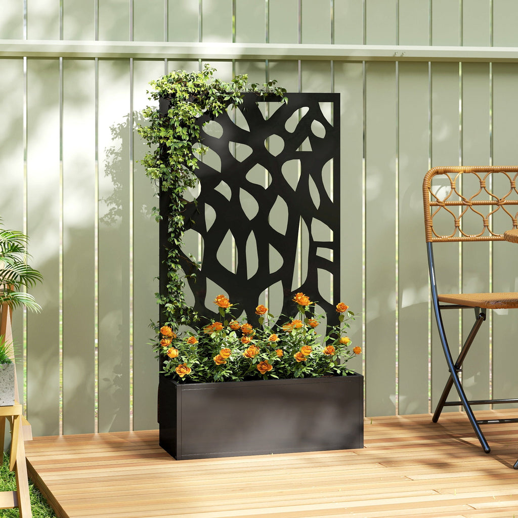 Outsunny Metal Raised Garden Bed with Trellis, Outdoor Planter Box with Privacy Screen, Elevated Garden Box for Climbing Plants - MOOAZAA