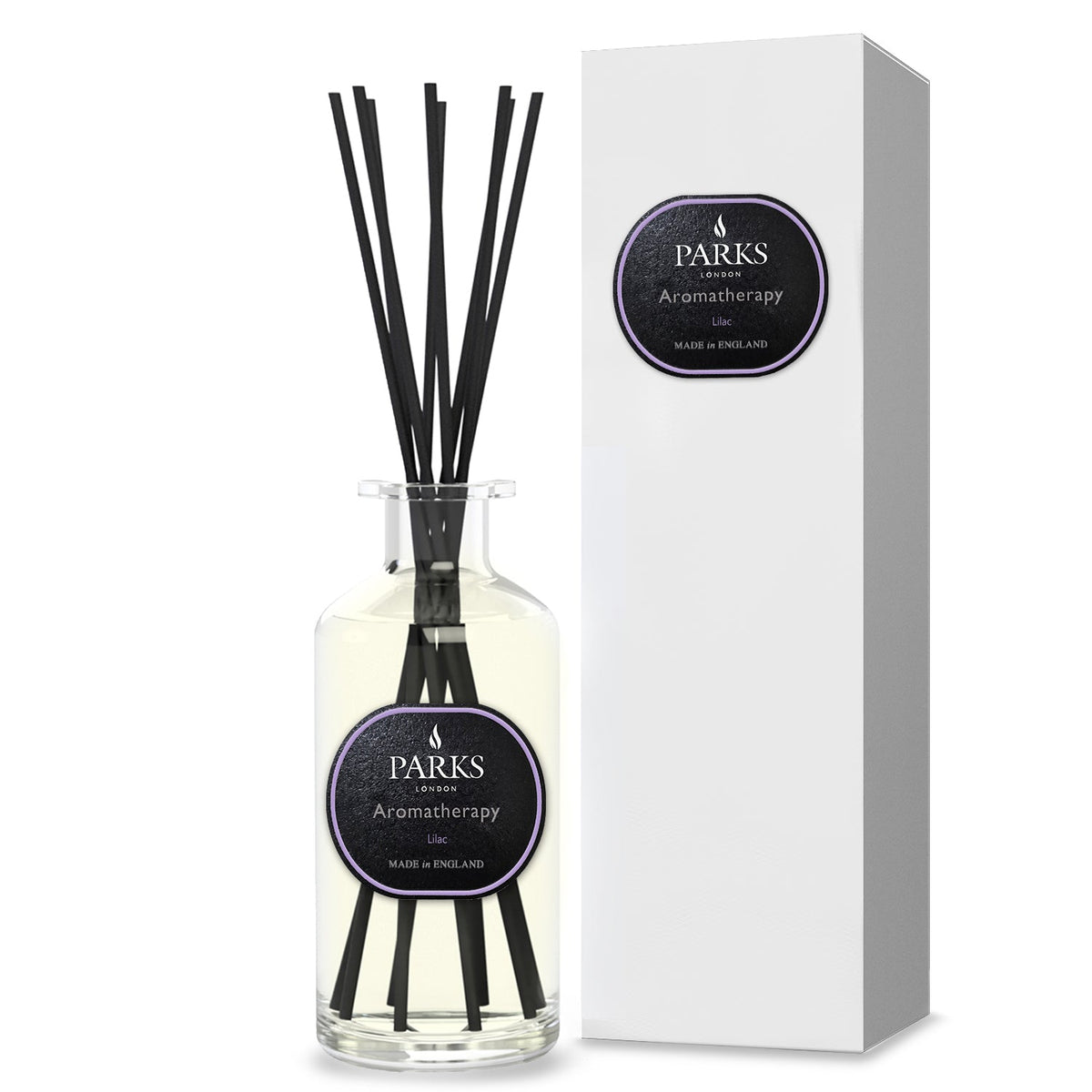 Parks aromatherapy diffuser bottle with black sticks and packaging on a white background