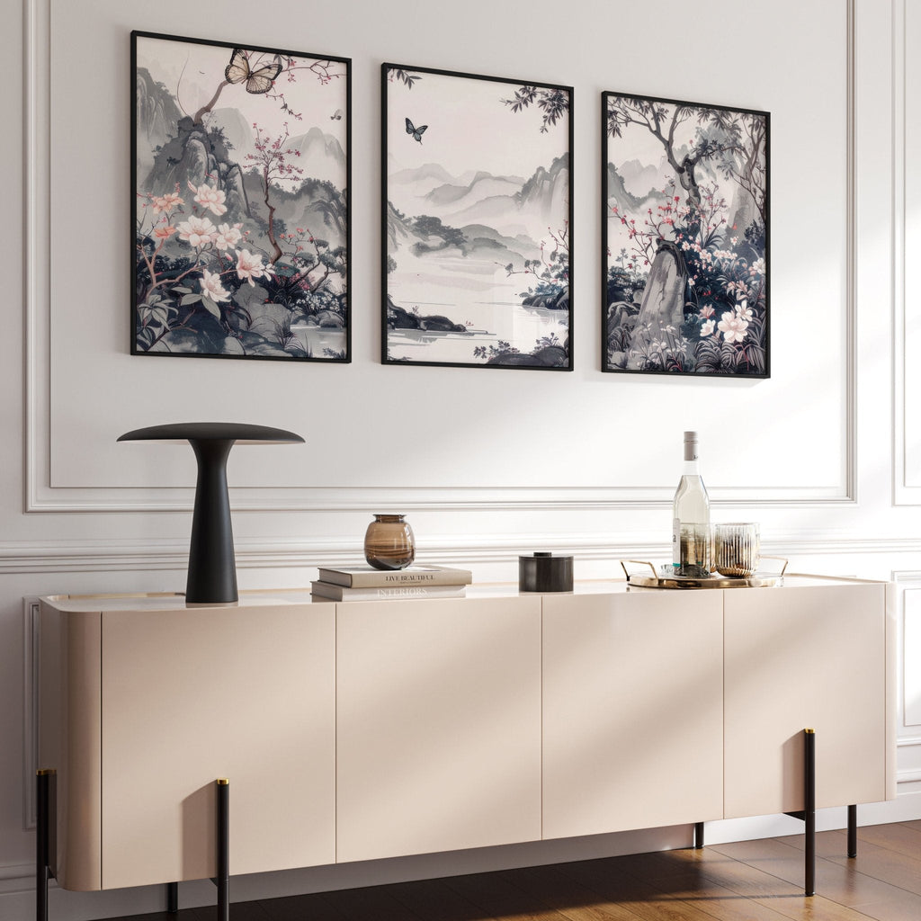 Picture Walls Living Room | Set of 3 Chinoiserie Wall art Prints