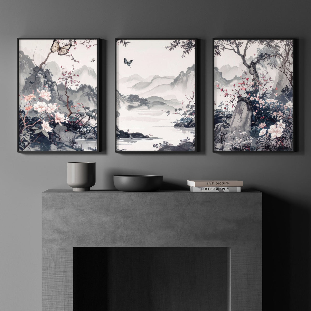 Picture Walls Living Room | Set of 3 Chinoiserie Wall art Prints