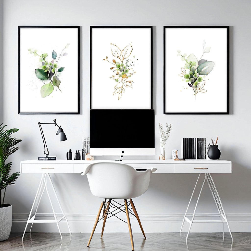 Set of 3 Botanical Prints Framed | Home Office Wall Art