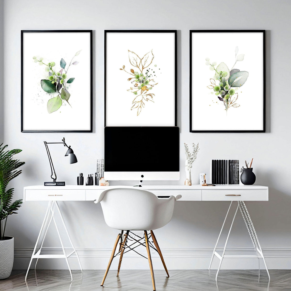 Set of 3 Botanical Prints Framed | Home Office Wall Art