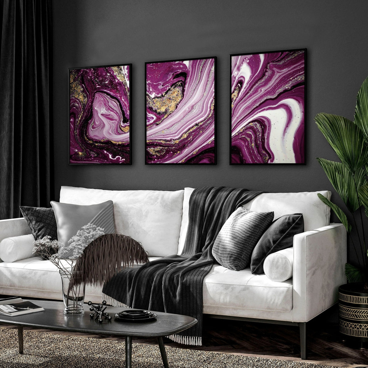 Abstract wall art framed | set of 3 Purple wall art prints