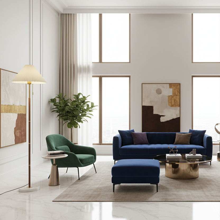 Modern living room with purple sofa, green armchair, and decorative elements.