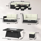 Outsunny 7 Pieces PE Rattan Garden Furniture Set, 50,000 BTU Gas Fire Pit Table, Double Corner Sofa and 3 Footstools