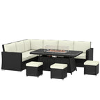 Outsunny 7 Pieces PE Rattan Garden Furniture Set, 50,000 BTU Gas Fire Pit Table, Double Corner Sofa and 3 Footstools