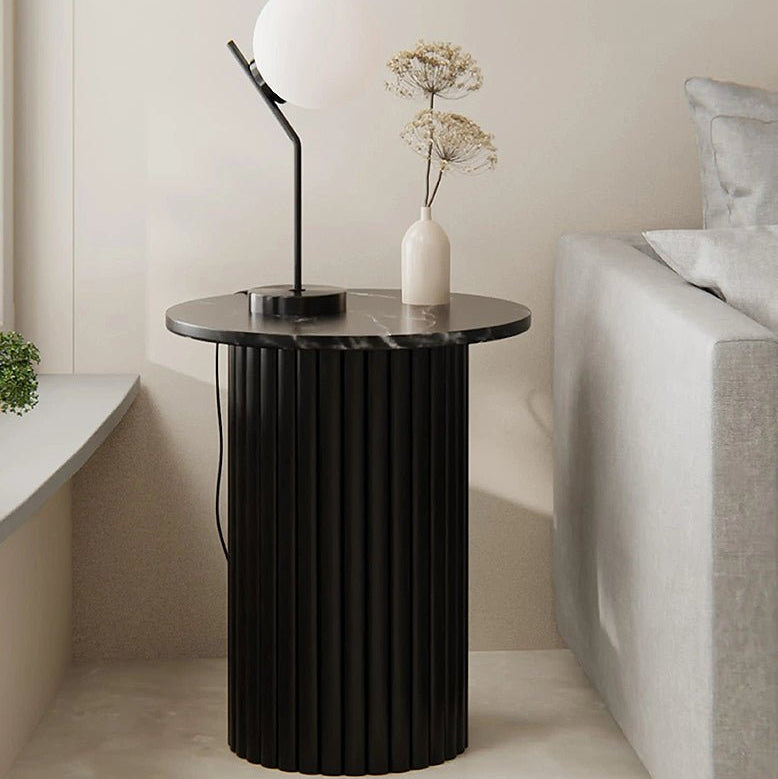 Qualls Round Side Table, Black Marble - MOOAZAA