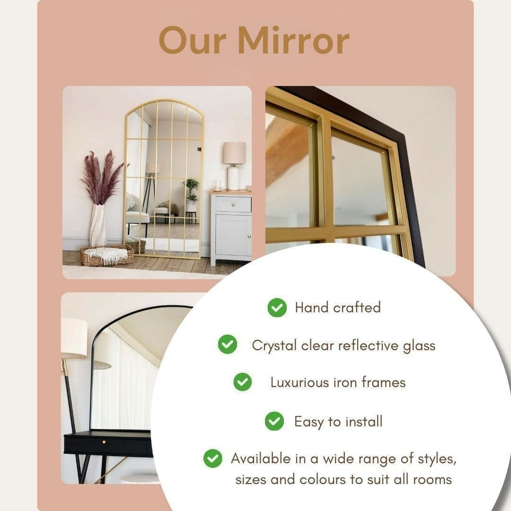 Promotional graphic for a mirror product with three interior room photos showing different mirror styles, plus text listing features such as hand crafted, crystal clear reflective glass, luxurious iron frames, and easy to install. The layout uses a soft peach background with a large white oval containing green check marks and descriptive copy.