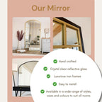 Promotional graphic for a mirror product with three interior room photos showing different mirror styles, plus text listing features such as hand crafted, crystal clear reflective glass, luxurious iron frames, and easy to install. The layout uses a soft peach background with a large white oval containing green check marks and descriptive copy.