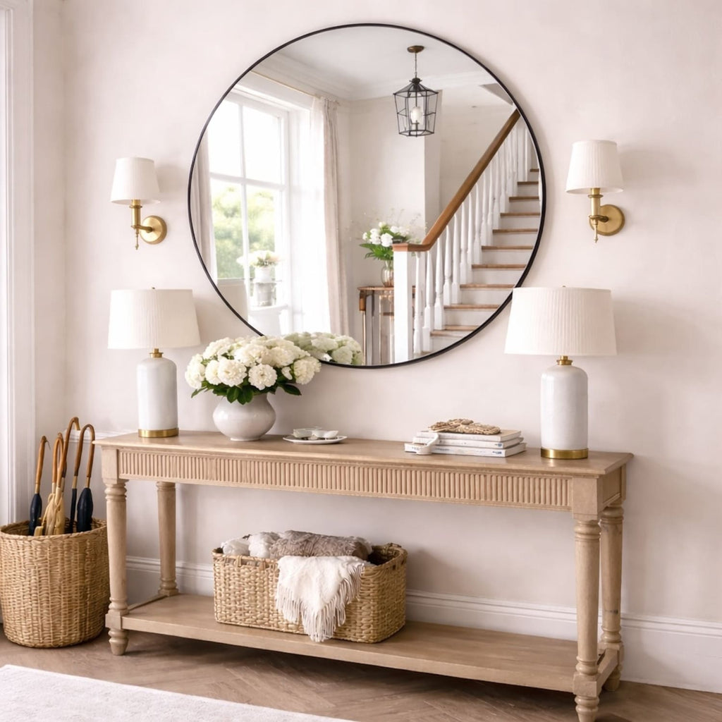 Console table with decorative items in a room with a large round mirror above it.
