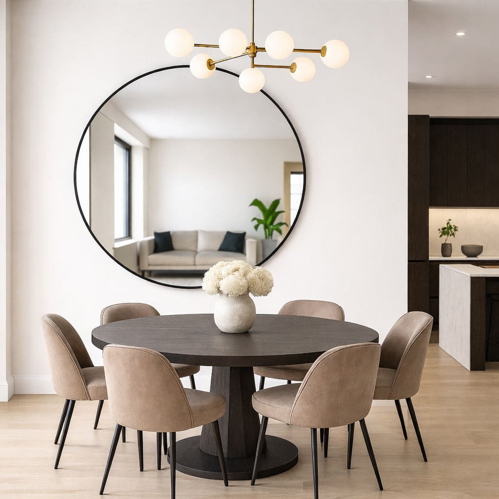 Modern dining room with round table and chairs, large mirror, and stylish chandelier.