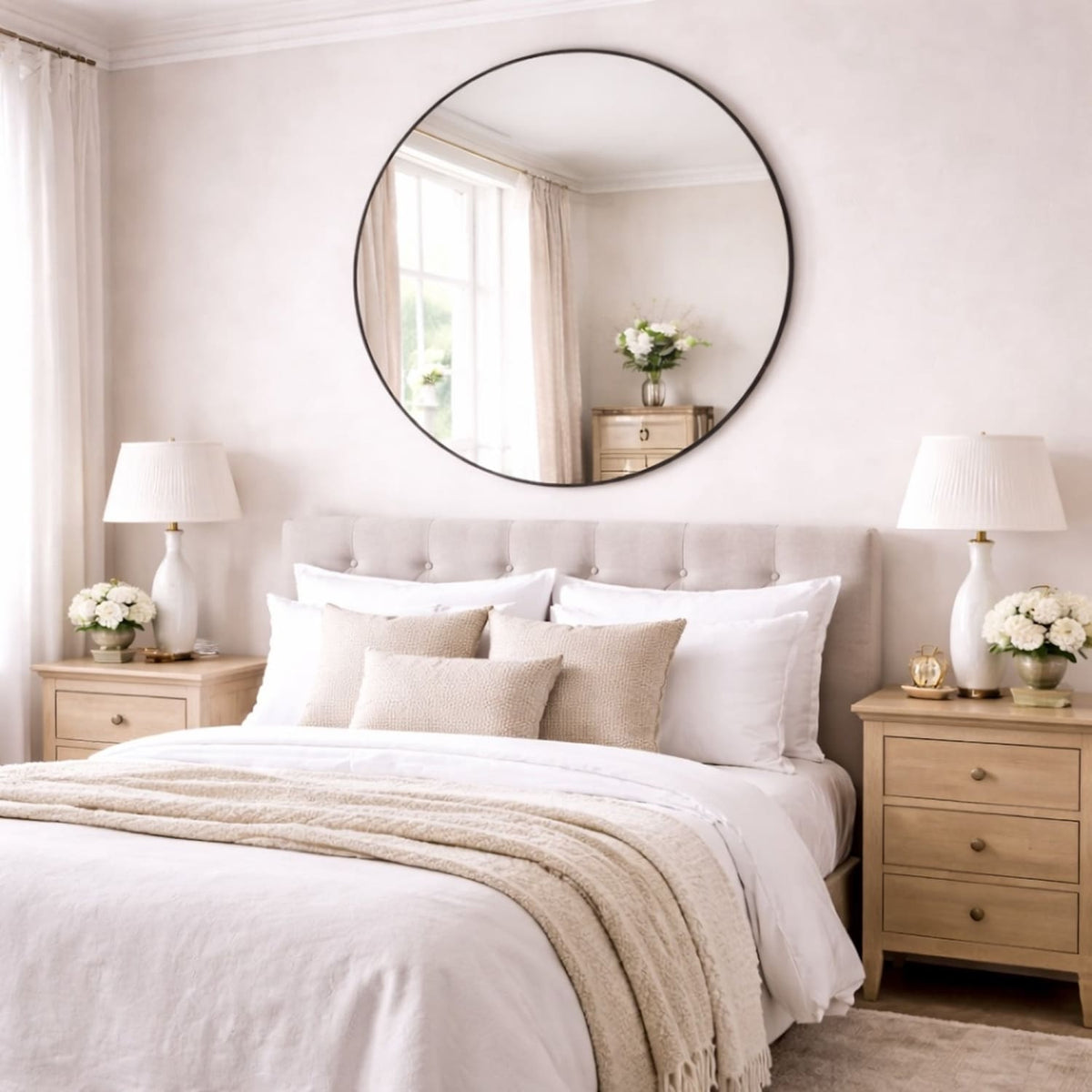 Neatly made bed with pillows and a round mirror above it in a bedroom setting.