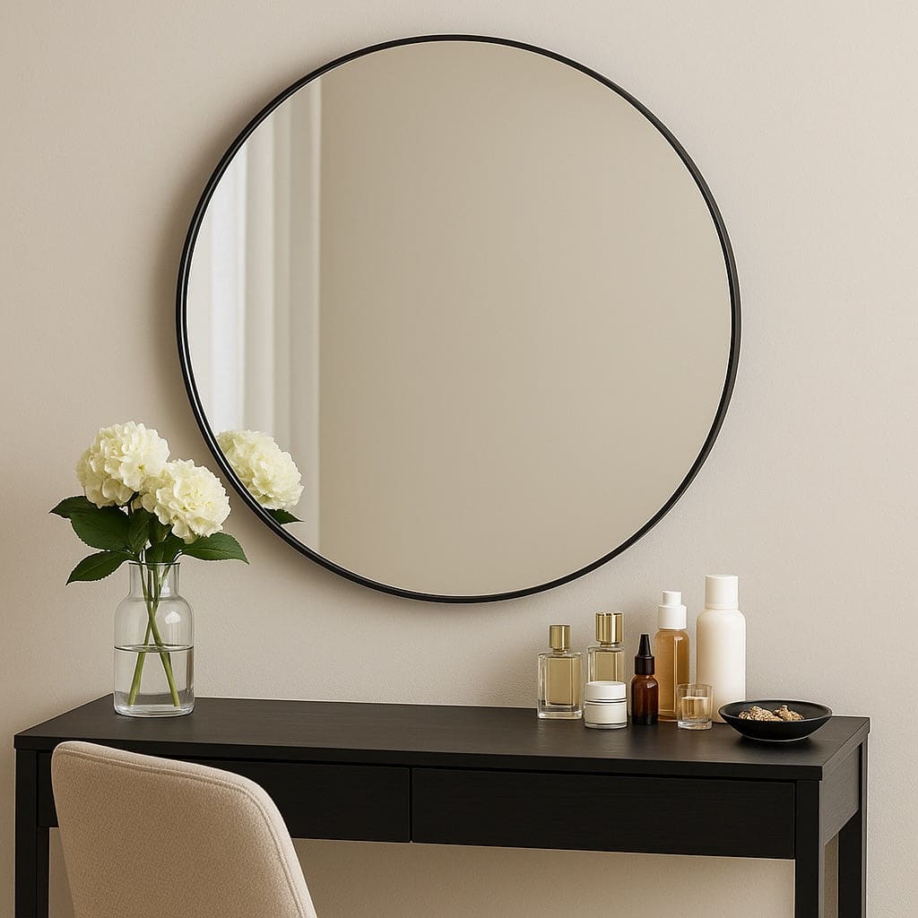 Round mirror with black frame above a dark wooden desk with decorative items.