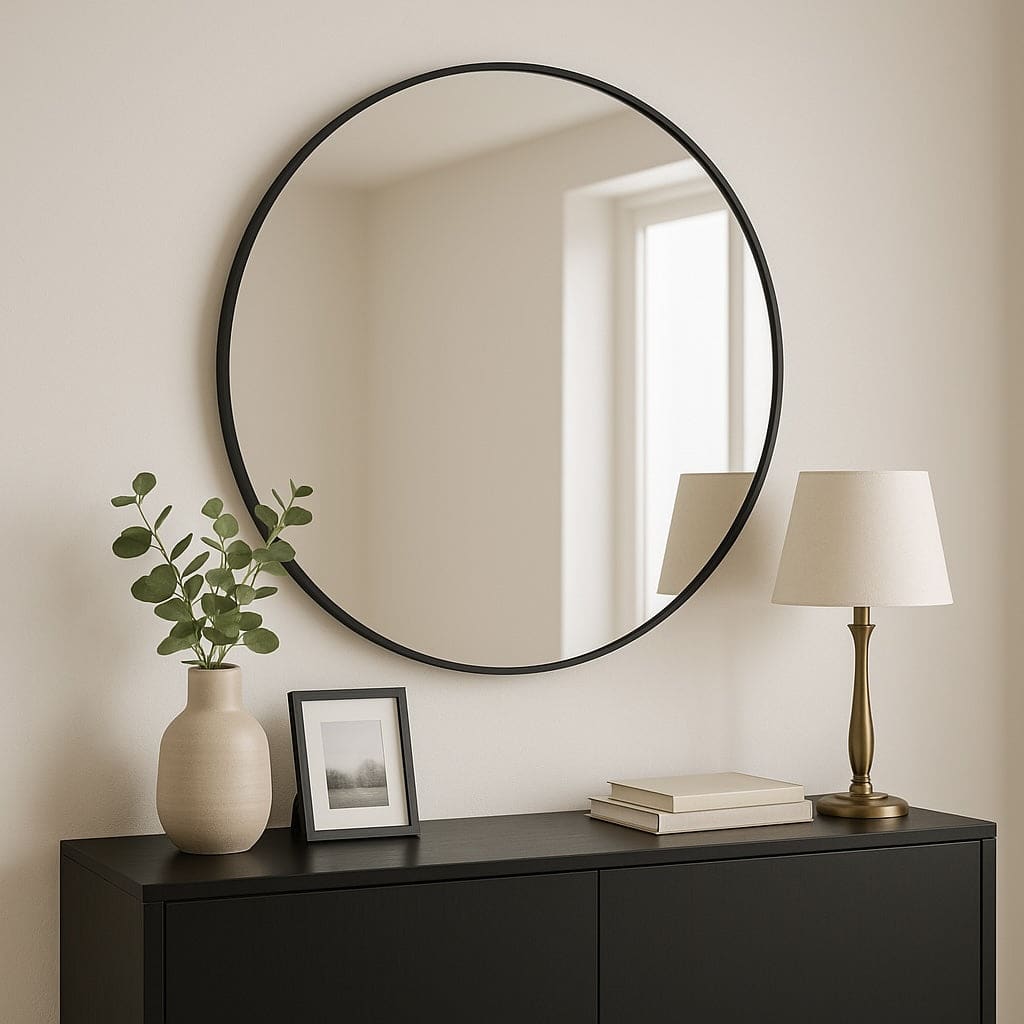 Round mirror on a wall above a black console table with decor items.
