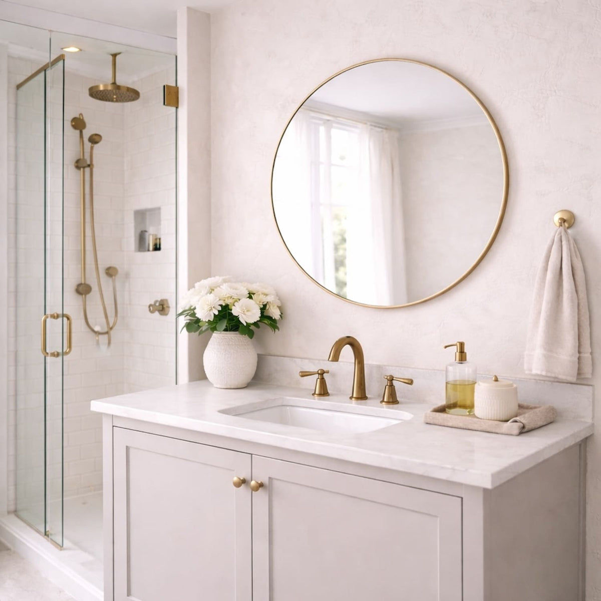 Bathroom with white vanity, round mirror, and gold fixtures