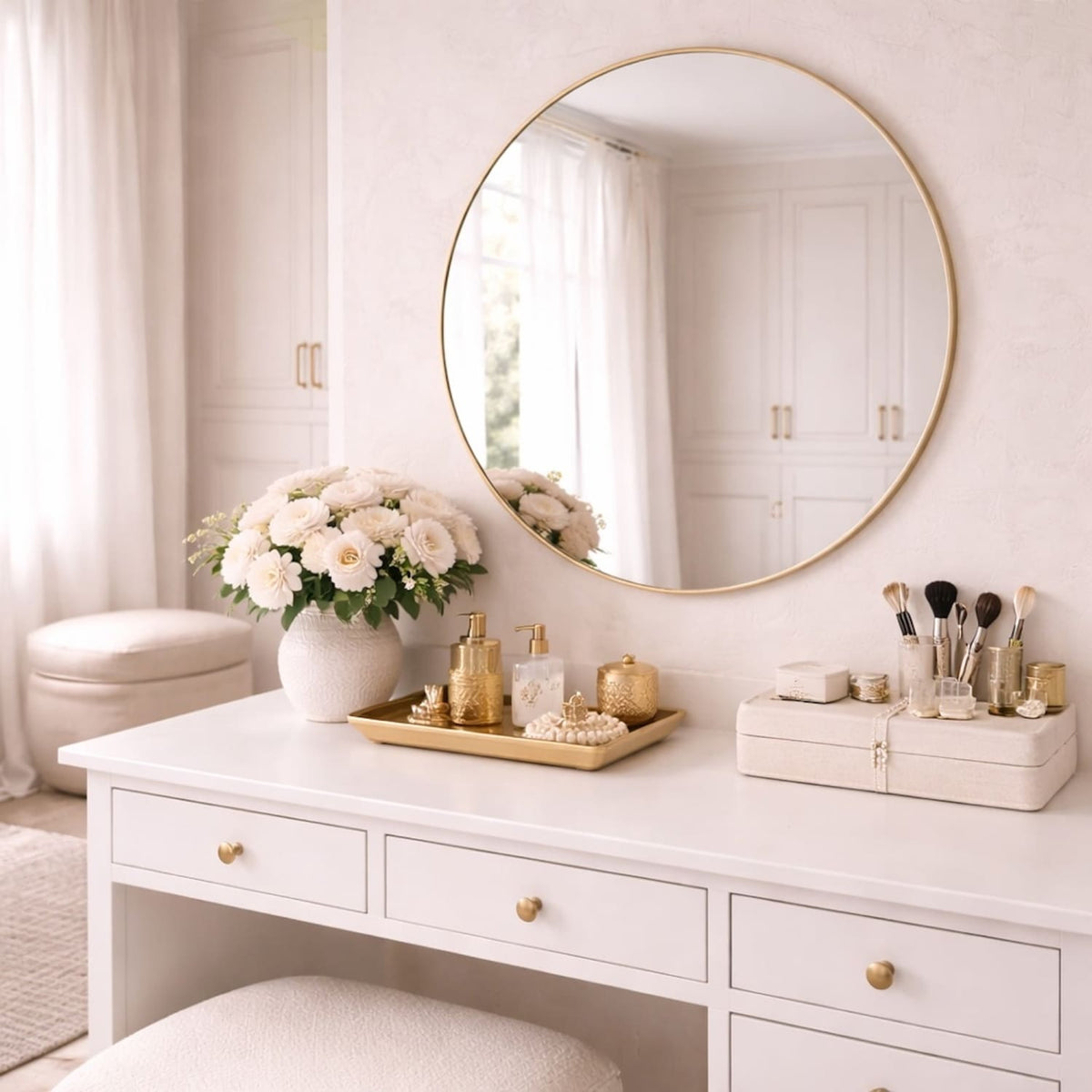White vanity table with round mirror, flowers, and makeup items in a bright room.