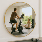 Person exercising on a bike in front of a large round mirror, with another person meditating in the reflection.